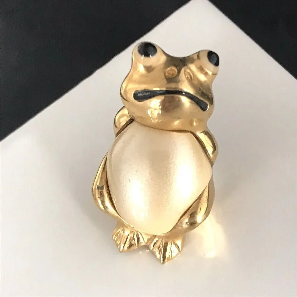Vintage 1980s KJL Frog Brooch Simulated Pearl Belly Gold Tone Figural Pin - 9C